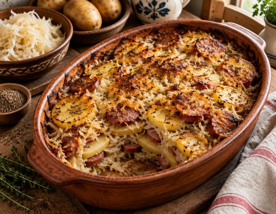 Zapečené kysané zelí s klobásou a bramborem